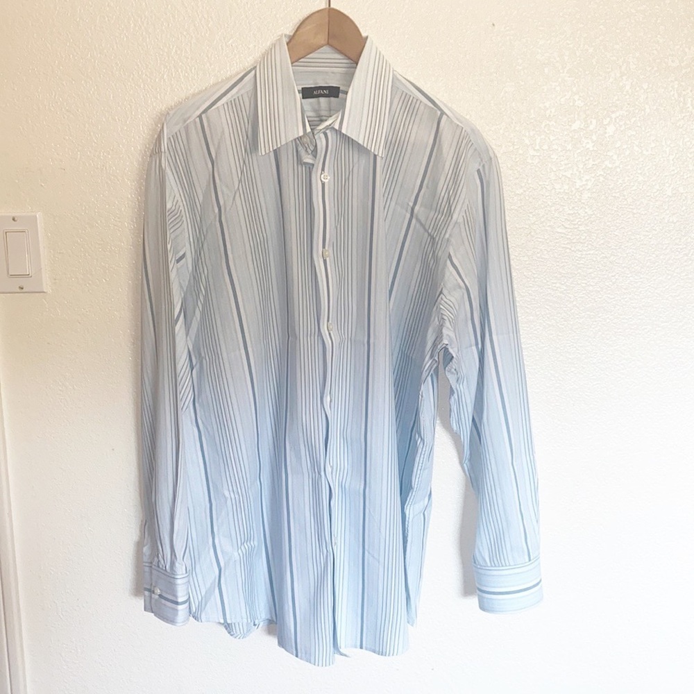 Alfani Cotton Blue White Striped Long Sleeve Casual Mens Button Front Shirt